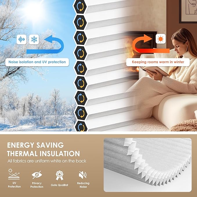 LazBlinds No Tools No Drill Cordless Cellular Shades, Light Filtering Honeycomb Shades for Home, Thermal Insulation Blinds for Windows, 31" W x 64" H, Grey