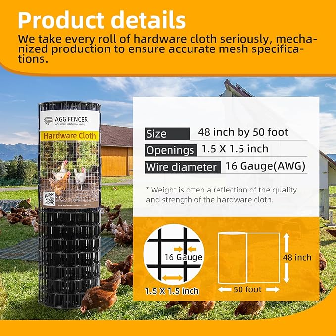 48in x 50ft Black Hardware Cloth 1.5 inch 16Ga PVC Coated Wire Mesh Vinyl Coated Fence, Welded Metal Chicken Wire Fencing Roll, Garden Plant Fencing, for Chicken Coop and Home Improvement