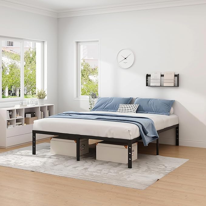 Metal Bed Frame,Queen Size Bed Frame with Storage Space,Heavy Duty Sturdy Mattress Foundation,Easy Assembly,No Box Spring Needed, Black,18 Inch,Queen