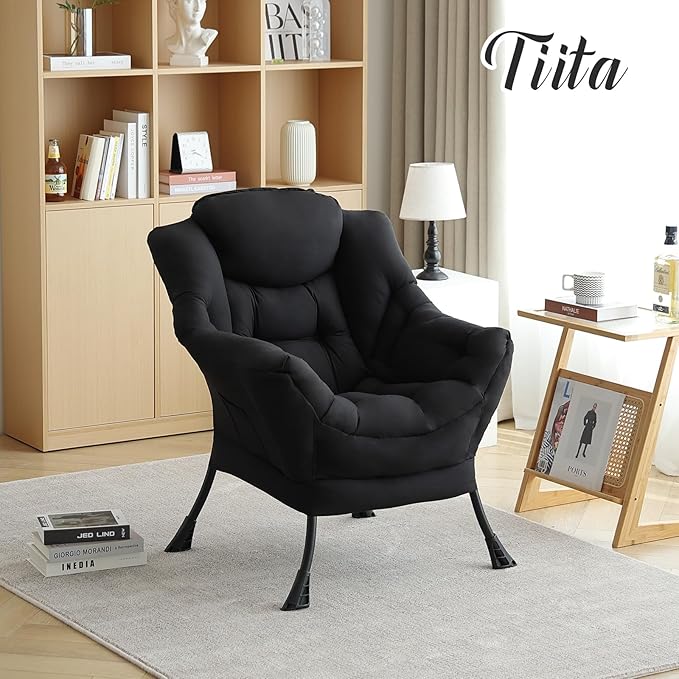 Tiita Lazy Chair, Black Modern Large Accent Armchair, Comfy Leisure Sofa Reading Chair for Bedroom, Living Room, Dorm Rooms, Garden and Courtyard, Black
