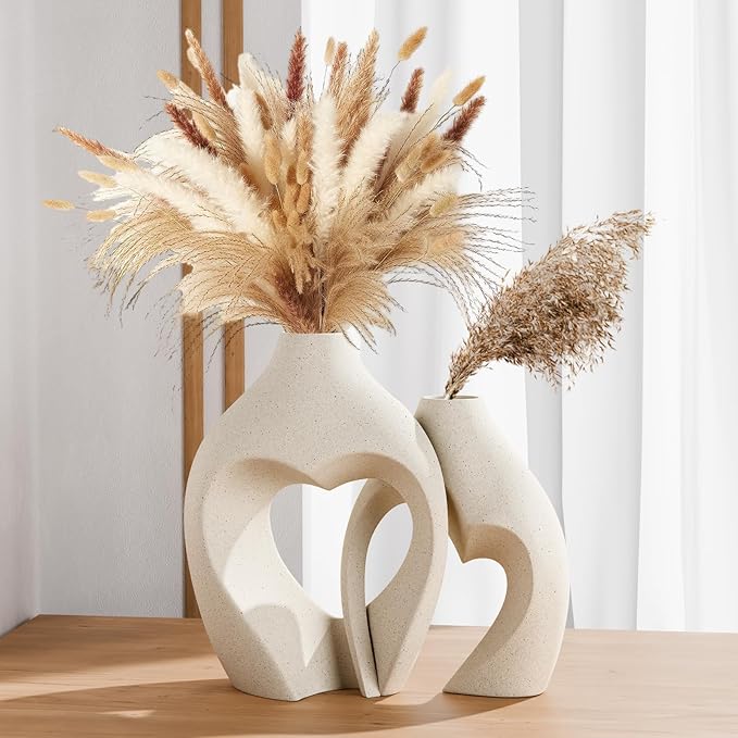 White Vases for Decor, Heart Shaped Ceramic Vase Set of 2, Nordic Heart Shaped Vases, Minimalist Decorative Vase for Table Centerpiece Wedding Dining Living Room Office House Decoration