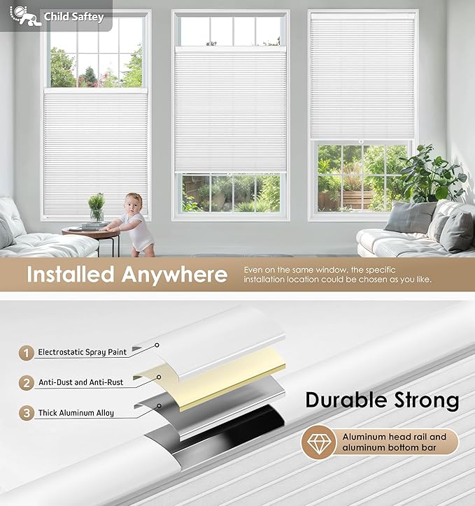 LazBlinds No Tools No Drill Cordless Cellular Shades, Light Filtering Honeycomb Shades for Home, Thermal Insulation Blinds for Windows, 31" W x 48" H, White
