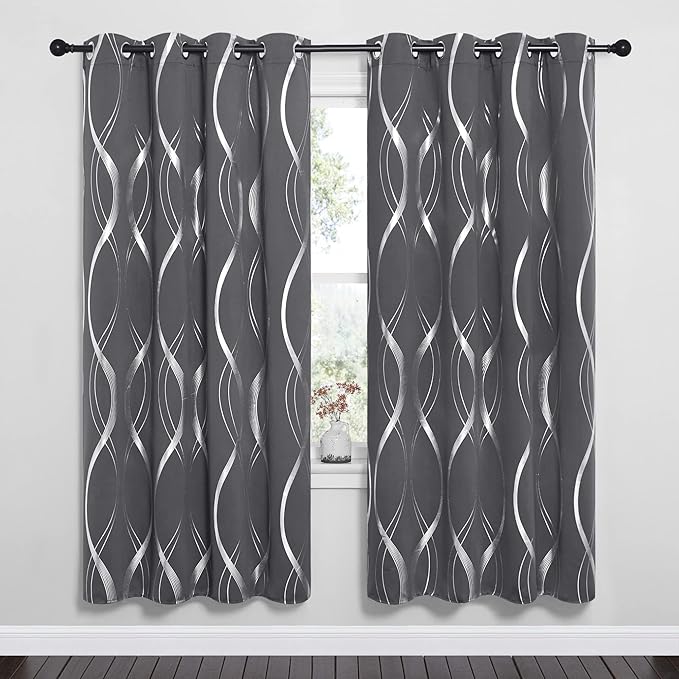 NICETOWN Gray Blackout Curtains 72 inch Long for Bedroom - Microfiber Noise Reducing Thermal Insulated Wave Line Foil Print Design Drapes for Patio Sliding Glass Door (2 Panels, 52 x 72 Inch)