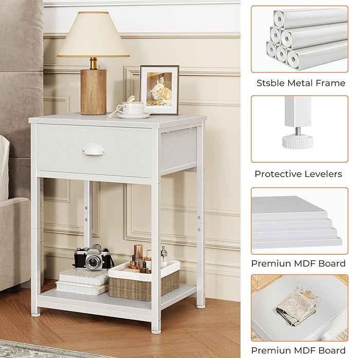 Furologee White Nightstands Set of 2, End Table with Fabric Drawer, Small Side Table for Small Spaces, 2 Tiers Storage Shelves End Table, Bedside Table for Living Room, Bedroom, Dorm