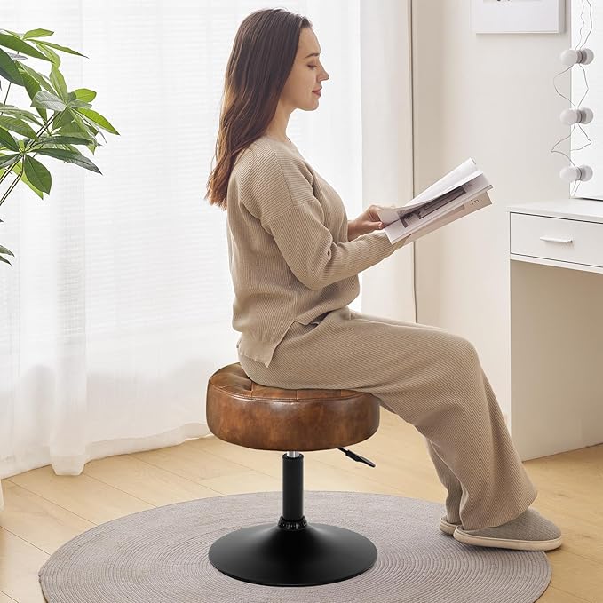 Furniliving Faux Leather Makeup Vanity Stool, Mid-Century Tufted Adjustable Swivel Ottoman Stool Modern Big Size Round Accent Chair for Living Room Bedroom Bathroom, YellowBrown