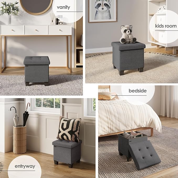 Storage Ottoman Cube with Small Bin, 15-in Square Ottoman with Storage for Living Room and Bedroom, Small Ottomans Foot Rest, Fabric Foot Stools Ottomans Max 330lbs, Grey