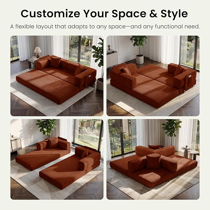 78.8" Convertible Futon Sofa Bed,Corduroy Futon Couch with Storage Pocket,Folding Pull Out Sofa,No Assembly Boneless Couch for Living Room,Orange