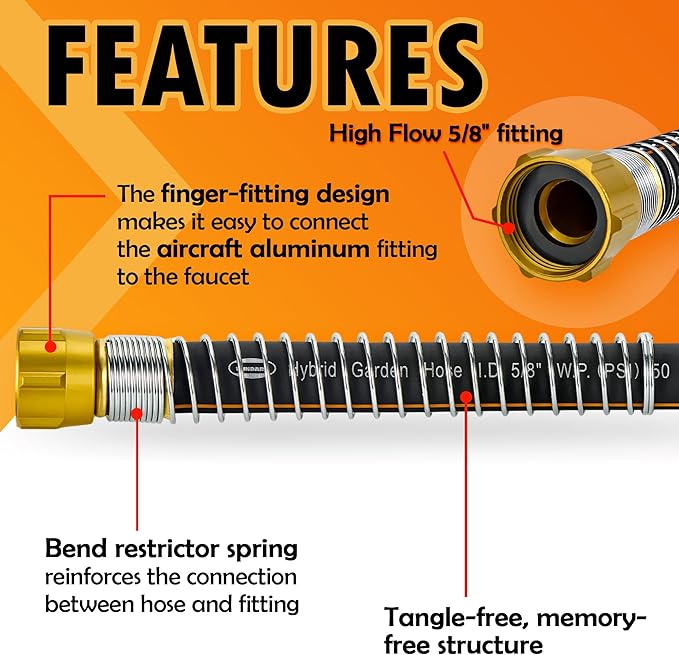 5/8 in. × 10 ft. High Flow Heavy Duty Garden Hose Flexible Hybrid Rubber Water Hose, No Memory Durable Premium Water Hose Leader Hose for Watering, Irrigation, Water Transfer Pump