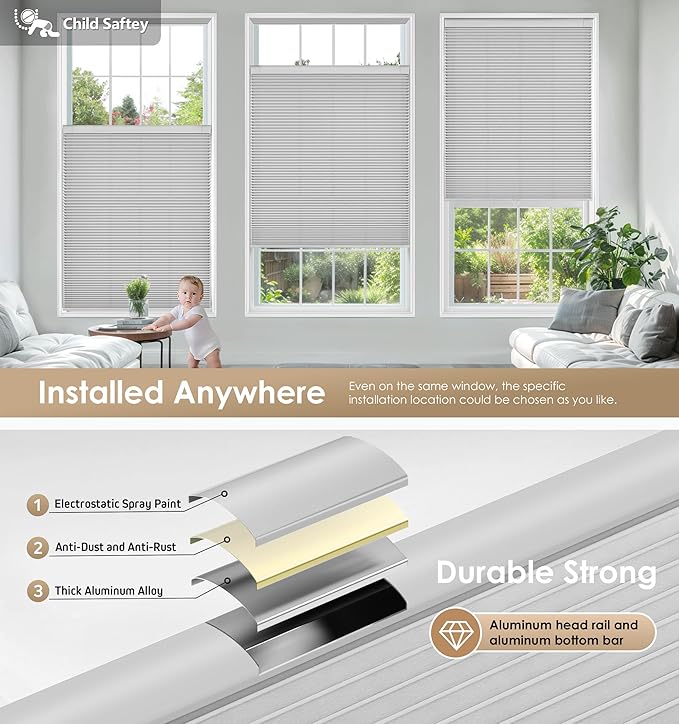 LazBlinds No Tools No Drill Cordless Cellular Shades, Light Filtering Honeycomb Shades for Home, Thermal Insulation Blinds for Windows, 31" W x 64" H, Grey