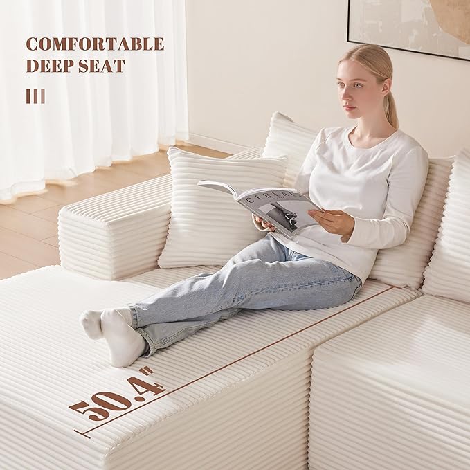 140” Cloud Sectional Couch, Modular Sectional Sofa with Deep Seat, Boneless Sofa for Living Room, Fluffy Comfy U-Shaped Couch with Left Facing Chaise, No Assembly Required, Beige