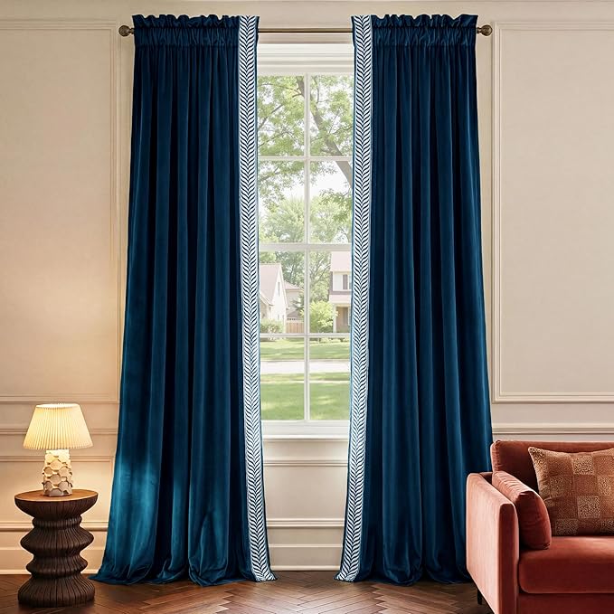 NICETOWN Rod Pocket Embroidered Trim Velvet Curtains, 2 Panels, Navy Blue, Velvet Curtains 96 inches Long, Soft and Elegant Heavy Matt Solid Thermal Insulation Drapes for Bedroom, Living Room