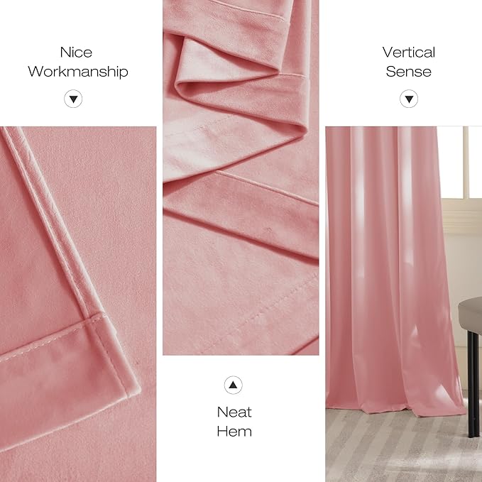 NICETOWN Pink Velvet Curtains 96 inch Length, Blush Pink Room Darkening Thermal Insulated Soft Luxury Light Blocking Panels for Kids, Rod Pocket Design W52 x L96, 2 Panels
