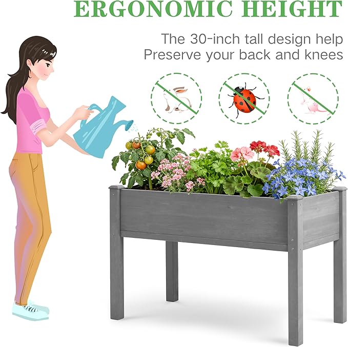 48×24×30 Inch Raised Garden Bed with Legs, Solid Wood Elevated Planter Box Stand with Liner for Outdoor Patio, Backyard & Balcony