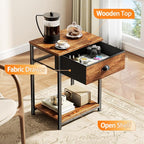 Furologee End Table with Storage Shelf and Fabric Drawer, 2 Tiers Industrial Nightstand, Bedside Table Organizer for Living Room Bedroom, Rustic Brown, Easy Assembly