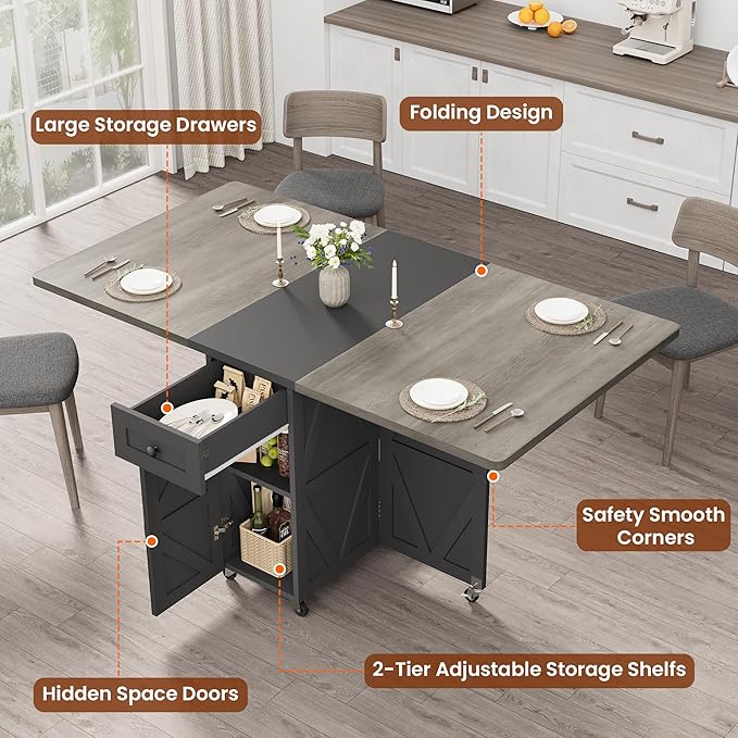 Space Saving Folding Dining Table for 2-4, Farmhouse Foldable Dining Table with Drawer and Storage Shelf, 6 Wheels Drop Leaf Kitchen Dining Room Table for Small Space (Grey, 47.2" x 23.6" x 29.9")