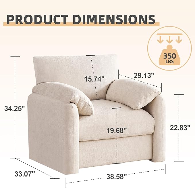 Chenille Oversized Armchair, 38.6" Wide Accent Chairs for Living Room & Bedroom Modern Lounge Chair, Upholstered Mid-Century Reading Chair, Comfy Living Room Chair, Single Sofa Chair, Beige