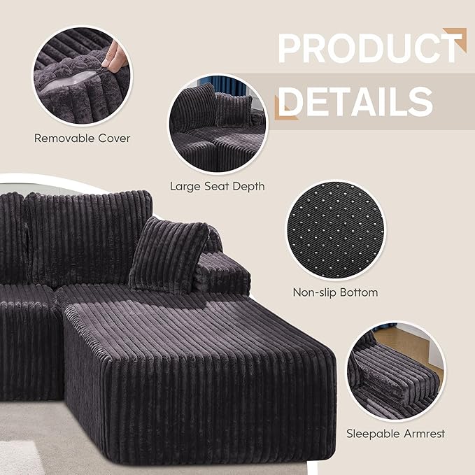 Modular Sectional Sofa Couches L-Shape Couch 3 Seat Modular Sofa Memory Foam Sectional Couches for Living Room, Cloud Couch with Oversized Chaise (Black Stripe, 108" Right Facing Chaise)