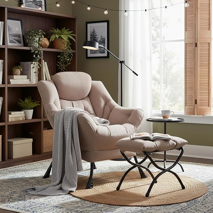 Welnow Lazy Chair with Ottoman, Modern Reading Accent Chair with Armrests and a Side Pocket, Leisure Upholstered Lazy Sofa Set with Footrest for Small Space, Khaki