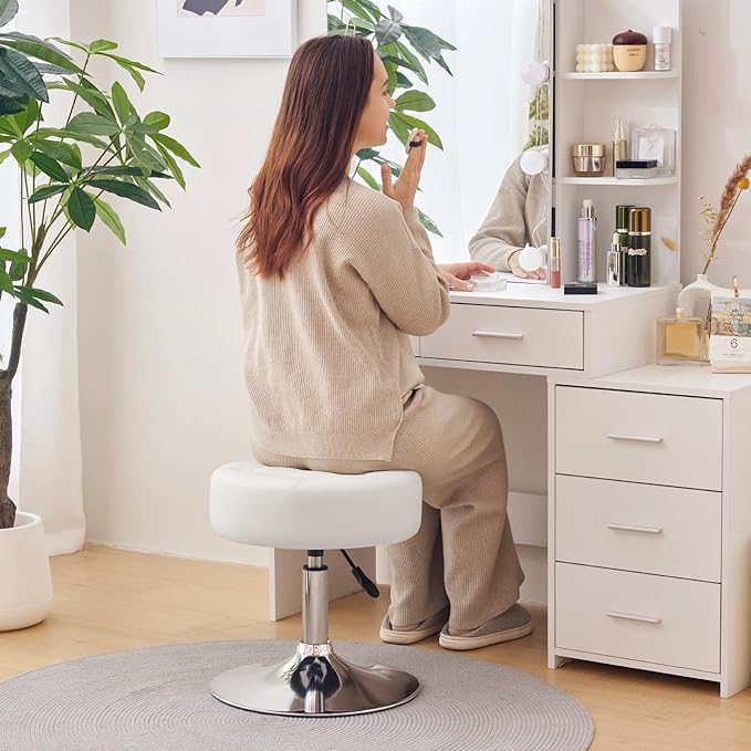 Furniliving Mid-Century Tufted Adjustable Swivel Makeup Ottoman Stool; Modern Big Size Round Vanity Stool Chair for Bedroom Living Room (White)