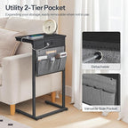 HOOBRO C Shaped End Table with Charging Station, 28" Tall Couch Table for Couch and Recliner for Small Spaces, Slide Under Sofa Table TV Tray with Storage Bag for Living Room, Black BB70USF01