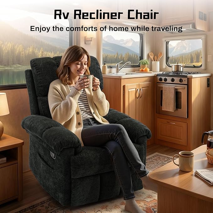 Recliner Chair, Swivel Rocker Recliner Chair for Adults, Small Recliners for Small Spaces, Upholstered Manual Recliner with Side Pockets, Nursery Rocking Chair for Living Room, Chenille, Black