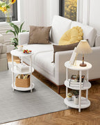 Small Round Side Table - 3-Tier Oval Accent Table for Small Spaces, Rustic Wood and Metal Couch End Table, Nightstand for Bedroom or End Table Living Room, Easy to Assemble, Marble White