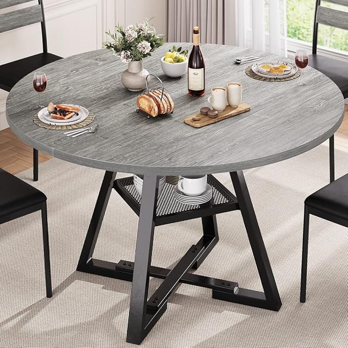 Round Dining Table for 4,Kitchen Dining Room Circle Dinner Pedestal Table,Space Saving Wood Kitchen & Dining Room Furniture, 42In,Grey