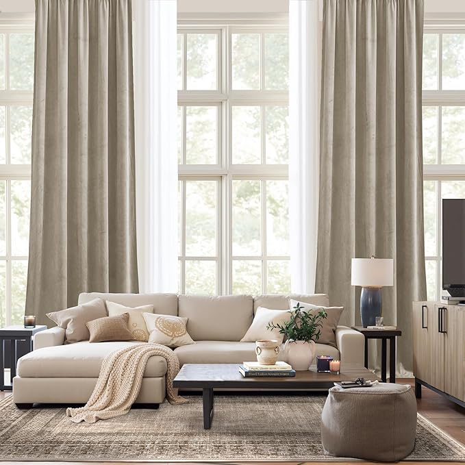 NICETOWN Camel Velvet Curtains 84 Inch Long 52 Wide, Room Darkening Drapes for Bedroom and Living Room Farmhouse Style Window Treatment for Apartment - Room Darkening Energy Saving