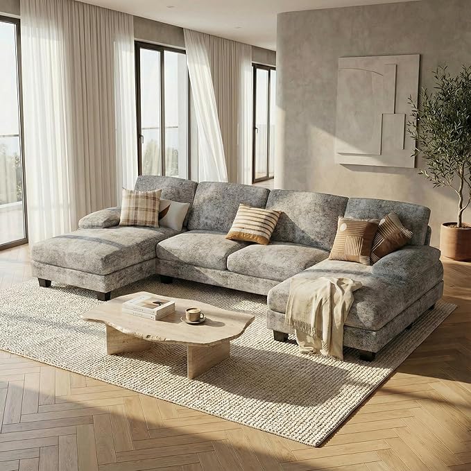 Homall Sectional U Shaped Sofa Couches for Living Room, Comfy Chenille 4 Seat Sofa Set with Removable Pillows, Lounge Chaise Upholstered Couch for for Apartment (Chenille, Grey)
