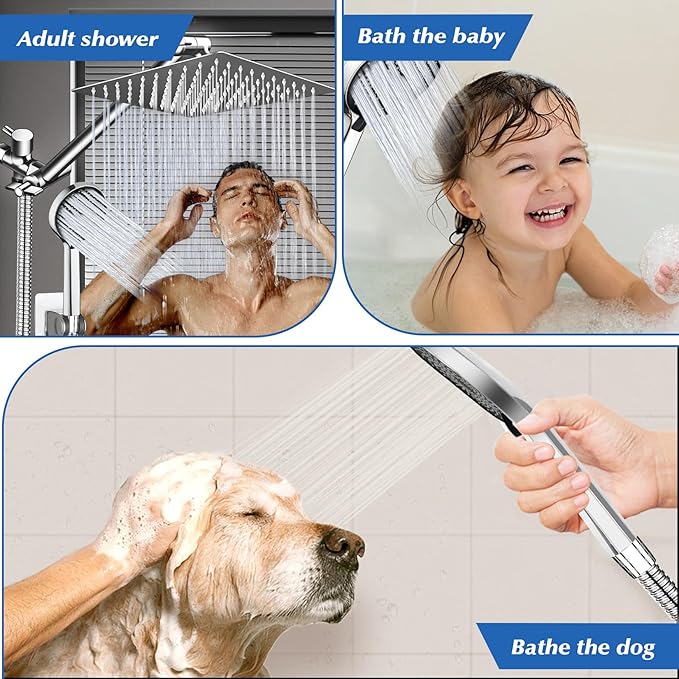 Shower Head,8”Rain Shower Head with Handheld Spray Combo with 11'' Angle Adjustable Extension Arm/Flow Regulator/Shower System,High Pressure Rainfall Shower Head Bathroom,Chrome