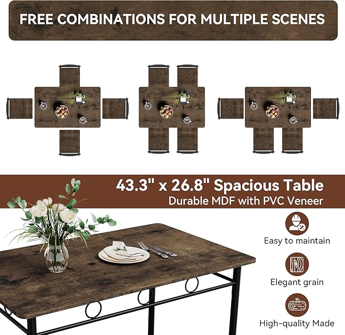 Vipbear 5-Piece Kitchen Table Set,Kitchen Dining Table Set for 4, Dining Room Table Sets with 4 Chairs,Rectangular Kitchen Table Set for Small Space, Dinette,Apartment, Classic Brown
