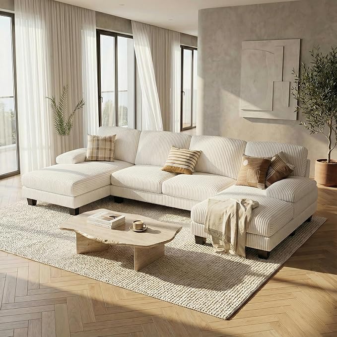 Homall Sectional U Shaped Sofa Couches for Living Room, Comfy Corduroy 4 Seat Sofa Set with Removable Pillows, Lounge Chaise Upholstered Couch for for Apartment (Corduroy, Beige)
