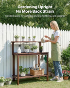VEVOR Potting Bench Table, Outdoor Gardening Workstation with 36 x 20 in Wood Tabletop, Garden Planting Work Station with Storage Shelves, Hook for Outside Patio, Backyard, Brown