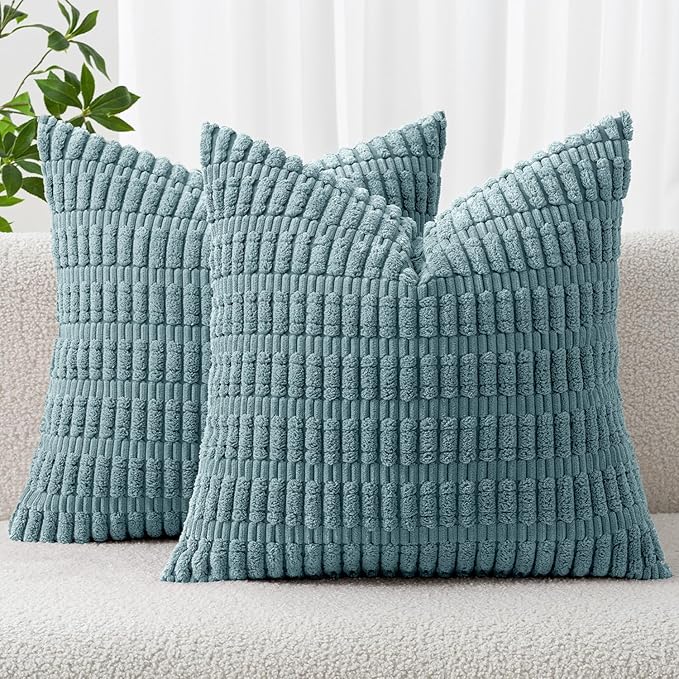 MIULEE Pack of 2 Corduroy Decorative Throw Pillow Covers 20x20 Inch Soft Boho Striped Pillow Covers Modern Farmhouse Home Decor for Summer Coastal Sofa Living Room Couch Bed Coastal Blue