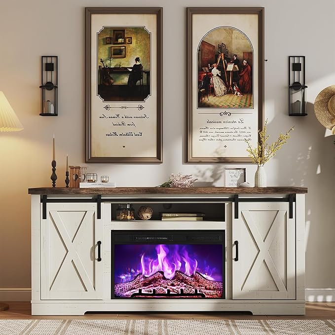 AMERLIFE Fireplace TV Stand with Sliding Barn Door for TVs up to 73", Farmhouse 63" Fireplace Entertainment Center with Storage Cabinets/Adjustable Shelves, Distressed White & Barnwood