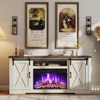 AMERLIFE Fireplace TV Stand with Sliding Barn Door for TVs up to 73", Farmhouse 63" Fireplace Entertainment Center with Storage Cabinets/Adjustable Shelves, Distressed White & Barnwood