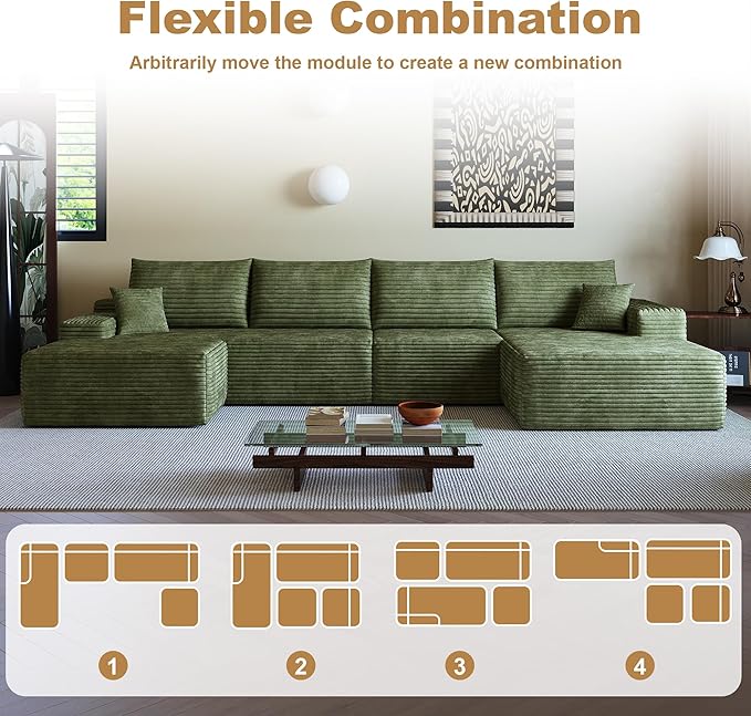 136" Sectional Couches for Living Room Cloud Couch Sofa with L-Shape Upholstered Boneless Couchs Modern Modular Sectional Couch with Chaise (Green, 136" Left Facing Chaise+3Seaters+Ottoman)