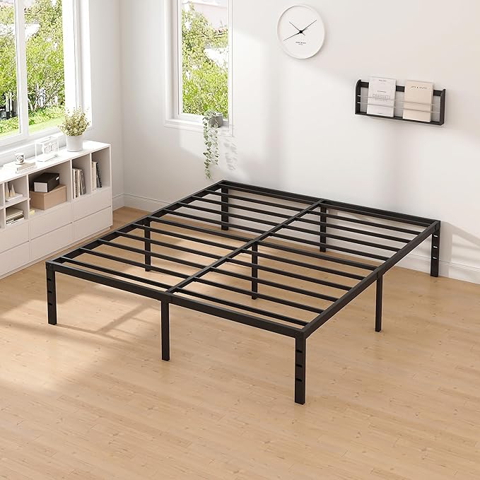 Metal Bed Frame,Queen Size Bed Frame with Storage Space,Heavy Duty Sturdy Mattress Foundation,Easy Assembly,No Box Spring Needed, Black,18 Inch,Queen