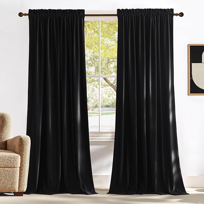 NICETOWN Black Out Velvet Curtains 108 inches Long Blackout for Patio, 52 x 108 Curtains Thermal Insulated Solid Heavy-Duty Large Window Treatments Drapes for Sliding Glass Door (2 Panels)