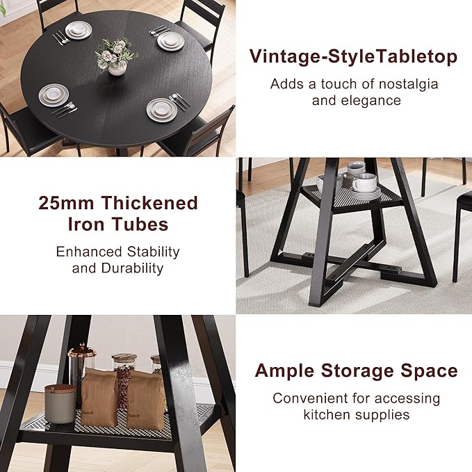 Round Dining Table for 4,Kitchen Dining Room Circle Dinner Pedestal Table,Space Saving Wood Kitchen & Dining Room Furniture (Black, 42In)