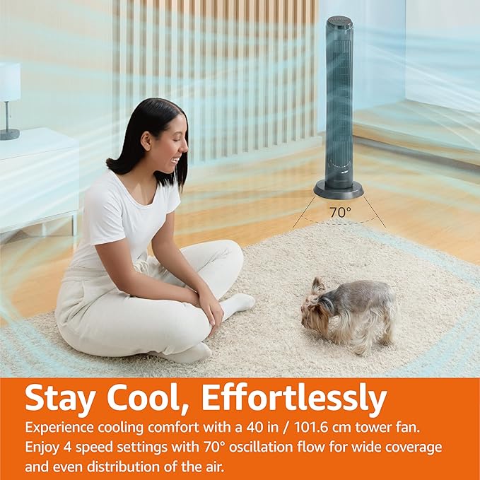 Amazon Basics 40" 70-Degree Oscillating Digital Tower Fan with Powerful Airflow for Bedroom, Living Room, Office, 4 Speeds, 3 Modes, 15-Hour Timer, Remote Control, 50W, Black