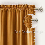NICETOWN Mustard Gold Pom Pom Velvet Curtains 8 ft Long - Room Darkening Luxurious Drapes for Living Room & Bedroom, Extra Long Window Treatments, 52" W x 96" L, 2 Panels