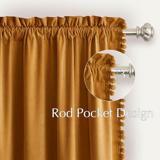 NICETOWN Mustard Gold Pom Pom Velvet Curtains 8 ft Long - Room Darkening Luxurious Drapes for Living Room & Bedroom, Extra Long Window Treatments, 52" W x 96" L, 2 Panels