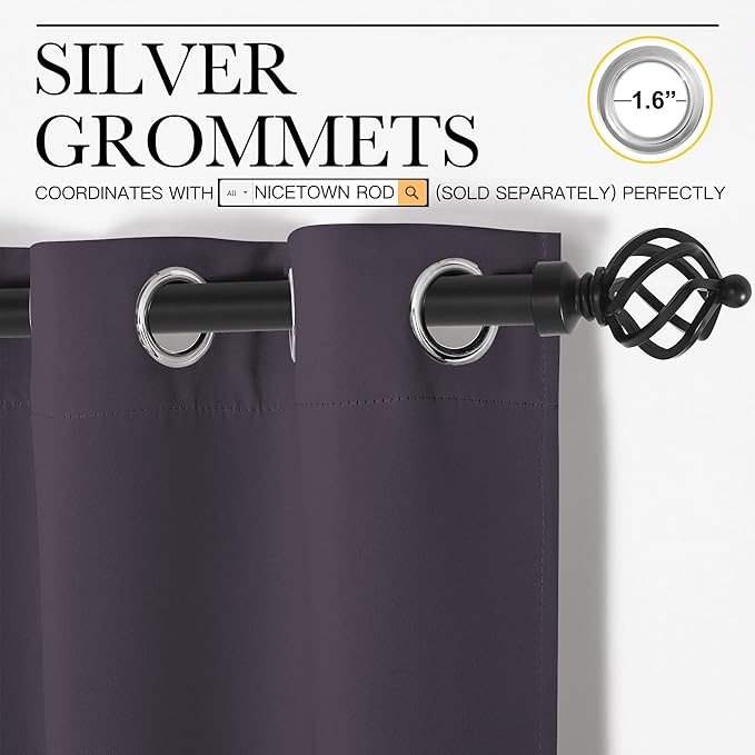 NICETOWN Greyish Purple Blackout Curtains 63 inches Length for Kitchen, 2 Panels, 34" Wide, Thermal Insulated Decoration Drapes for Small Window