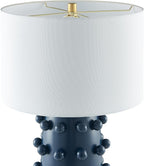 Henn&Hart 25.5'' Modern 1-Light Ceramic Table Lamp with Spherical Orbs on Lamp Body with White Fabric Drum Shade for Living Room, Bedroom, or Office, Matte Navy
