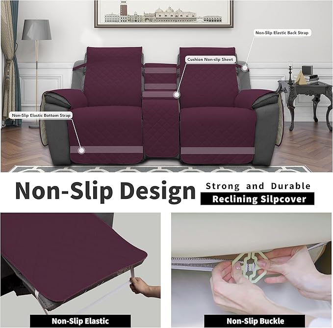 Easy-Going Loveseat Recliner Cover with Console, Reversible Couch Cover for Living Room, Split Sofa Cover for Each Seat with Elastic Straps for Kids, Dogs, Pets(2 Seater, Wine/Beige)