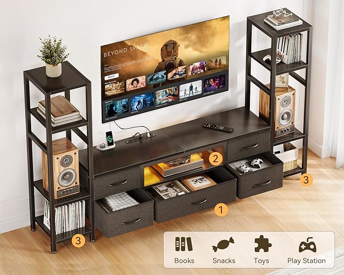 Casaottima TV Stands for 40/43/50 Inch TV, Entertainment Center with LED Lights & Power Outlets, TV Stand Living Room with 5 Fabric Drawers, TV Console Cabinet for Bedroom, Black