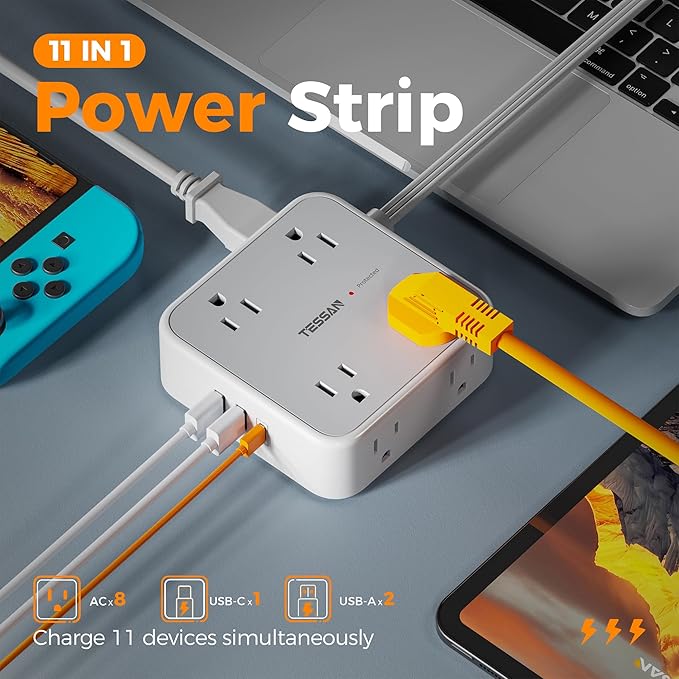 TESSAN Surge Protector Power Strip, 10 Ft Flat Plug Extension Cord with 3 USB (1 USB C) 8 Outlets, 1250W, 900J Protection, 3 Sided Outlet Extender with Ring Plug for Office, Dorm Room, Grey