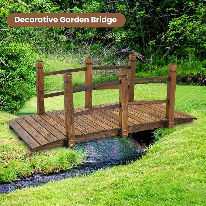 HAPPYGRILL 5FT Wooden Garden Bridge, Decorative Pond Landscaping Bridge with Classic Arc Footbridge & Double Safety Railings, Garden Bridges for Outdoors, Backyard, Garden Farm (Brown)
