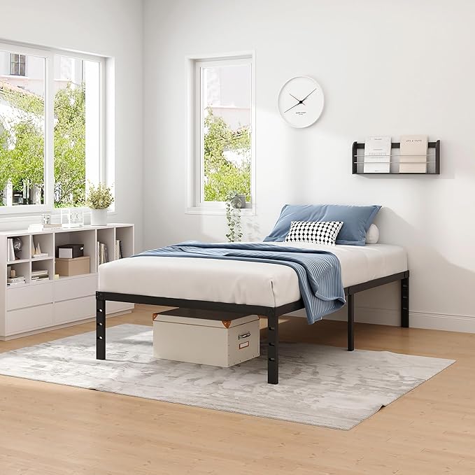 Metal Bed Frame,Twin Size Bed Frame with Storage Space,Heavy Duty Sturdy Mattress Foundation,Easy Assembly,No Box Spring Needed, Black,14 Inch,Twin